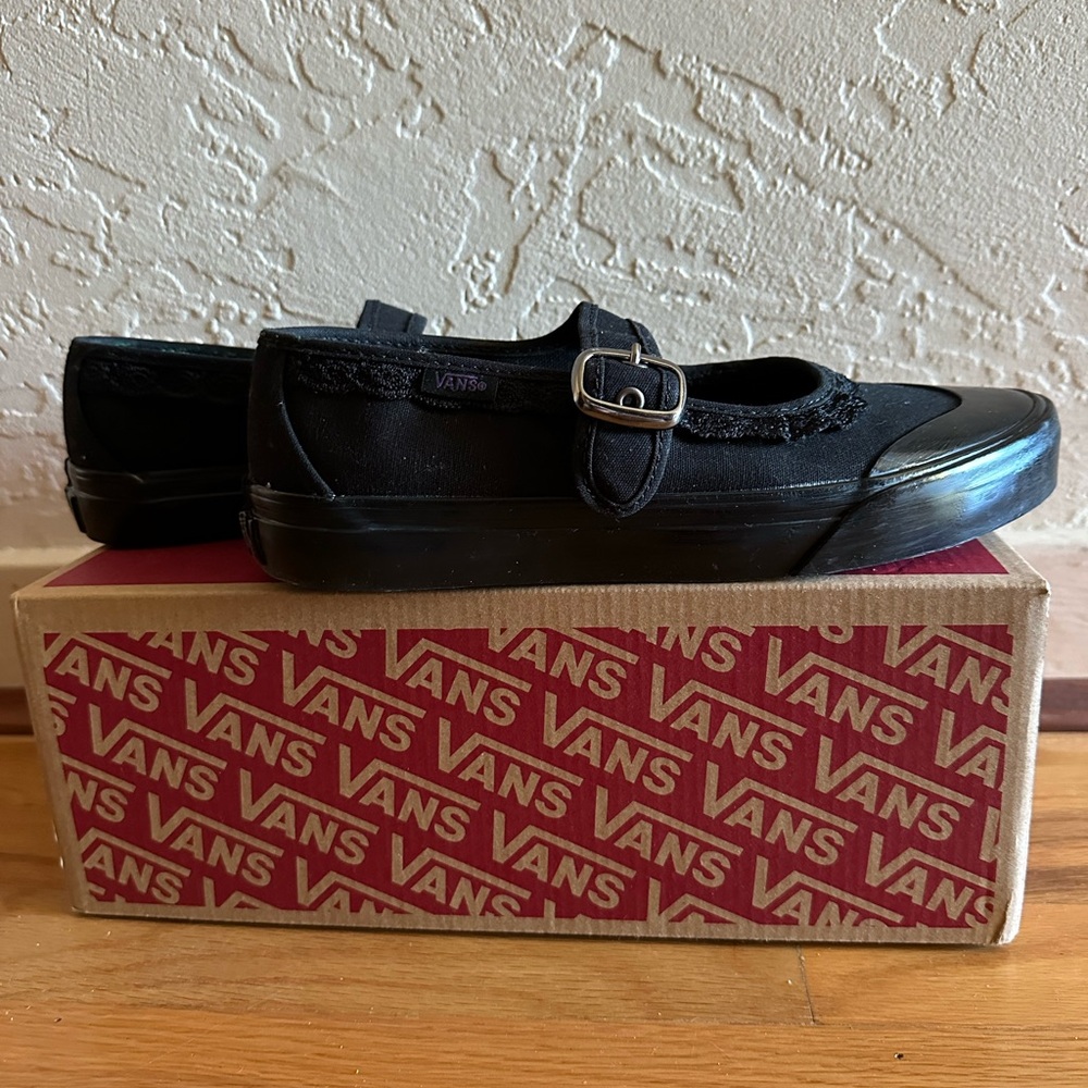 Vans Black Mary Jane Shoes with Lace and Buckle Detail